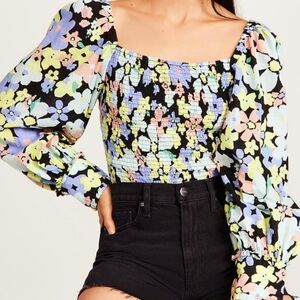 Free People Blue and Yellow Puff Sleeve Blouse